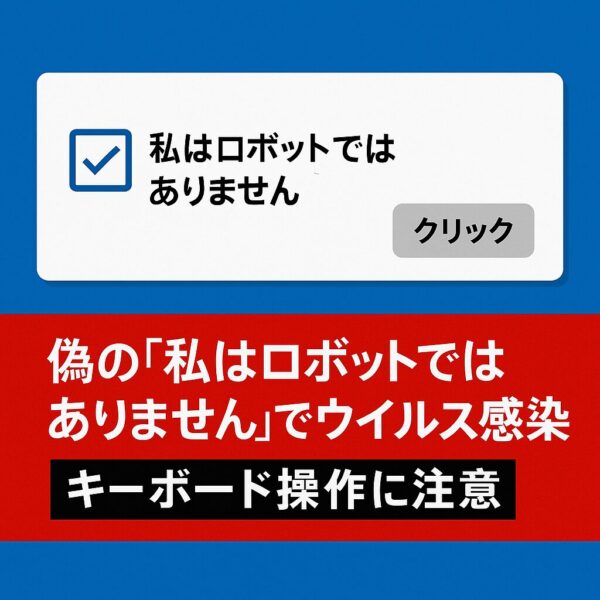 青い背景に、偽の『私はロボットではありません』チェックボックスと赤い警告バナーが表示され、ウイルス感染やキーボード操作への注意を促すイラスト