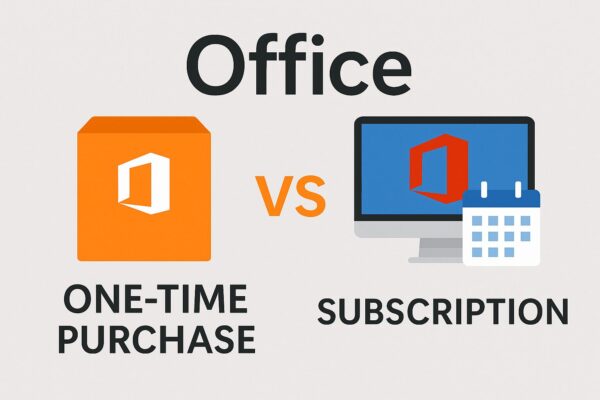 Digital illustration comparing Microsoft Office 2024 one-time purchase package and Microsoft 365 subscription on a computer screen with a calendar icon