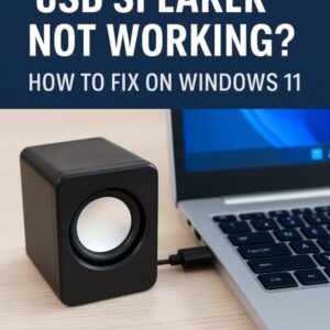 USB Speaker Not Working on Windows 11? How to Fix No Sound Issues (2025 Guide) 1 USB speaker connected to a Windows 11 laptop but no sound output, illustrating troubleshooting steps.