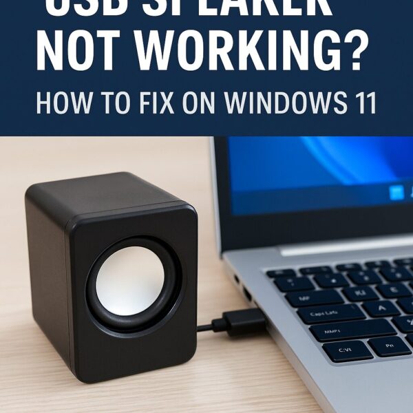 USB speaker connected to a Windows 11 laptop but no sound output, illustrating troubleshooting steps.