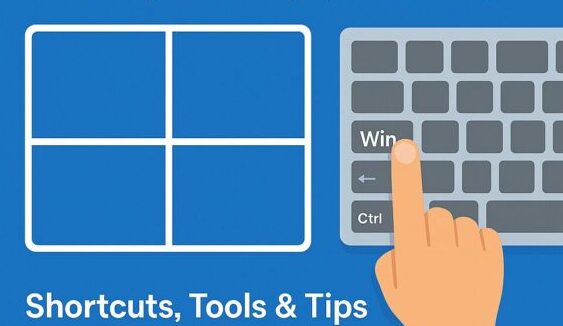 Tutorial cover image showing how to split a Windows screen into 4 sections, with a hand pressing the Windows key on a keyboard and a 2x2 layout icon on a blue background.