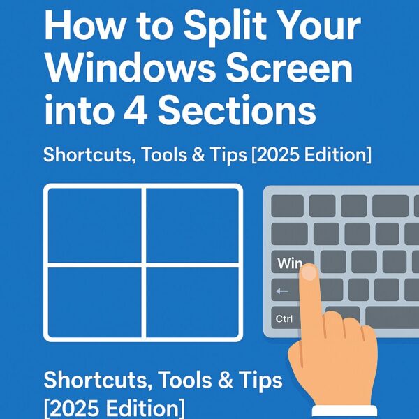 Tutorial cover image showing how to split a Windows screen into 4 sections, with a hand pressing the Windows key on a keyboard and a 2x2 layout icon on a blue background.