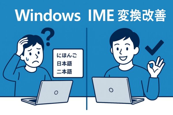 Illustration showing a person frustrated with Japanese IME conversion on Windows, then relieved after adjusting settings, with a laptop and Japanese text candidates on screen.