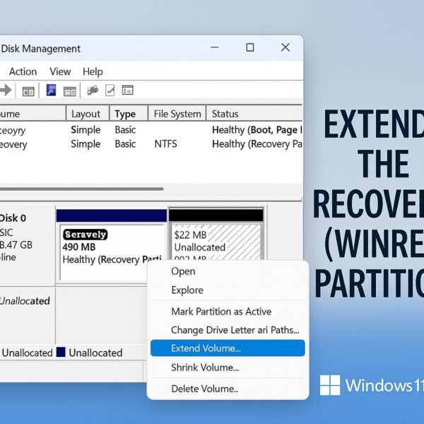 Windows 11 Disk Management showing a small Recovery (WinRE) partition with instructions to extend its size