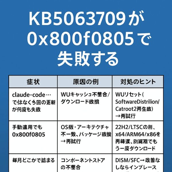 青い背景に白文字で「KB5063709が0x800f0805で失敗する」と書かれ、下部に症状・原因・対処の例を示す3列の表が配置されたトラブルシューティング解説画像。