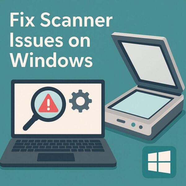 Flat-style illustration showing a laptop with a warning icon and a scanner, representing fixing scanner issues on Windows, set against a teal background.