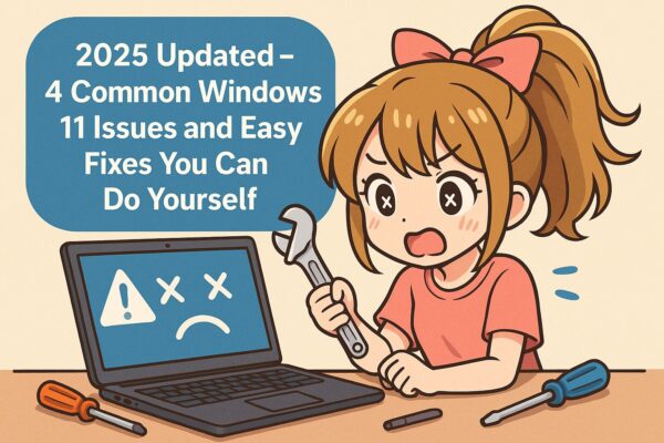 2025 Updated – 4 Common Windows 11 Issues and Easy Fixes You Can Do Yourself 1 Anime-style illustration of a cute, energetic girl with a ponytail and a pink bow, holding a wrench while trying to fix a laptop showing an error face, surrounded by screwdrivers and tools, with the text “2025 Updated – 4 Common Windows 11 Issues and Easy Fixes You Can Do Yourself” in a blue speech bubble.