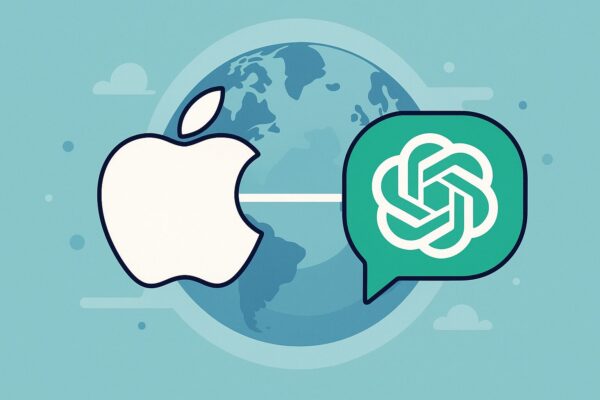Apple × OpenAI提携を海外はどう見ている? 日本では報じられない本当の理由 1 Illustration symbolizing the Apple and OpenAI partnership. The Apple logo and the ChatGPT icon are connected, with a globe in the background to represent international perspectives and global impact.