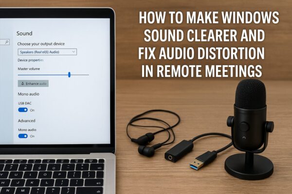 Windows Sound settings open on a laptop beside earbuds, a USB DAC, and an external microphone—illustrating clearer voice and remote meeting audio fixes.