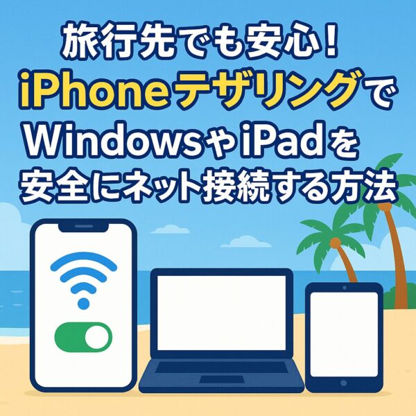 iPhoneが最強のWi-Fiルーターに!外出先で安全にネット接続する3つの方法 1 夏のビーチでiPhoneを使ってテザリング中のイラスト。WindowsノートパソコンとiPadが並び、安全なネット接続をイメージするWi-Fiアイコン付き。
