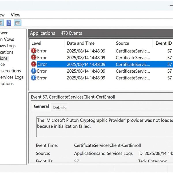Windows 11 August 2025 Update (KB5063878) – Known Issues, Causes, and Fixes 1 Windowsのイベントビューアーで「CertificateServicesClient-CertEnroll」のエラーID57が表示され、Microsoft Pluton Cryptographic Providerの初期化に失敗した旨が記載されている画面