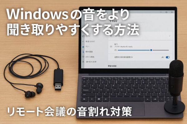 Windowsのサウンド設定画面を表示したノートパソコンと、イヤホン・USB DAC・マイクを並べているイメージ。音声改善やリモート会議での音割れ対策を表現。