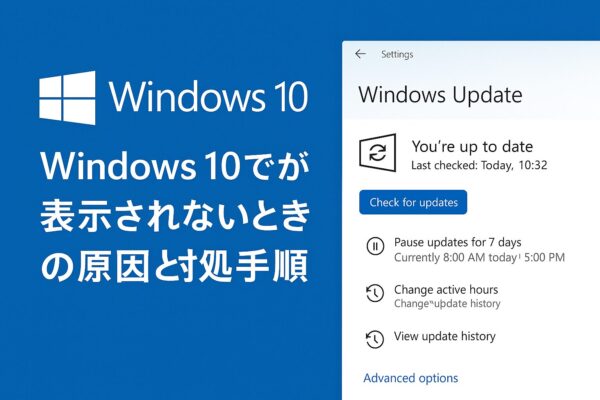 Windows 10のロゴと「Windows 10でが表示されないときの原因と対処手順」の日本語テキスト、右側にはWindows Update設定画面のスクリーンショットが表示されたブルー背景のアイキャッチ画像