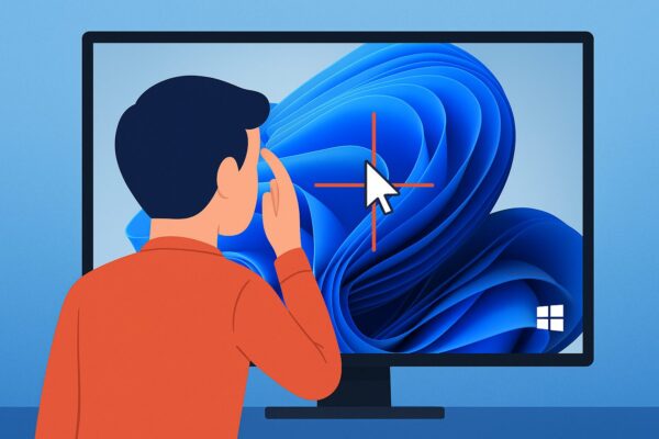 Windowsのマウスポインターを探している様子を表すイラスト。大画面モニターの中央に白いカーソルと鮮やかな十字線が表示され、背景にはWindows 11のブルー基調のデザインが描かれている。