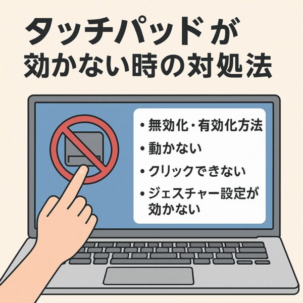 ノートパソコンの画面に「タッチパッドが効かない時の対処法」と日本語で表示され、無効化・有効化方法、動かない、クリックできない、ジェスチャー設定が効かないといった項目が示されているイラスト。画面上にはタッチパッドのアイコンに禁止マークが重なり、手が指している様子。