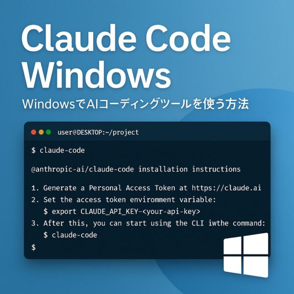 Windows 11のデスクトップにターミナル画面が開き、Claude Codeのロゴとコードが浮かび上がる未来的デザインのイラスト。青と白を基調にした初心者にも親しみやすい雰囲気。