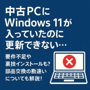 中古PCにWindows 11がインストールされているが更新できず、画面に赤いエラー記号が表示されたノートPCを示すイラスト。部品交換や裏技インストールの誤解に注意を促す内容。