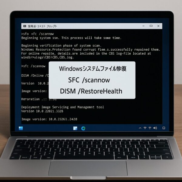 Windowsのシステムファイル修復を行うため、SFCとDISMコマンドを実行しているパソコン画面のイメージ