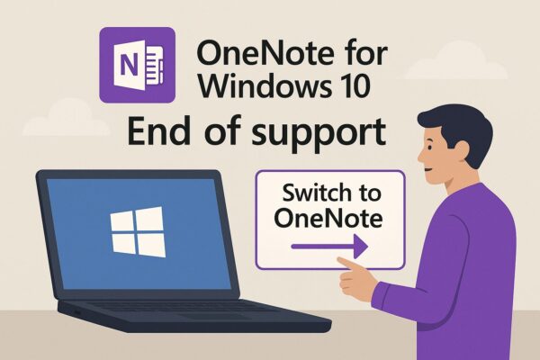 OneNote for Windows 10がついに終了へ|いつまで使える?移行先と準備ポイント解説 1 OneNote for Windows 10の終了を解説するイメージ。旧型Windows10ノートPCとOneNoteロゴ、移行を促すイラスト。
