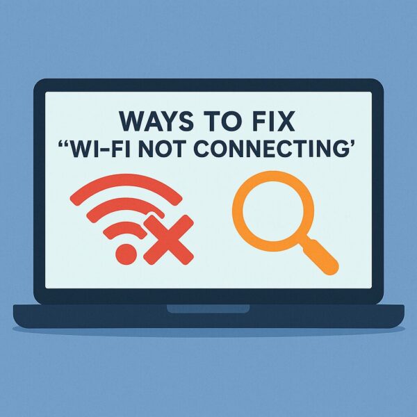 9 Easy Ways to Fix “Wi-Fi Not Connecting” on Windows (2025 Edition) 1 Illustration of a laptop screen displaying the text "Ways to Fix 'Wi-Fi Not Connecting’" with a red Wi-Fi icon and X mark on the left, and an orange magnifying glass icon on the right, set against a light blue background.