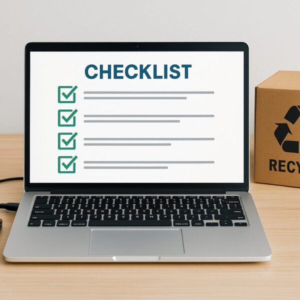 Old laptop with external hard drive and recycle box, displaying a checklist for safe data migration and disposal.