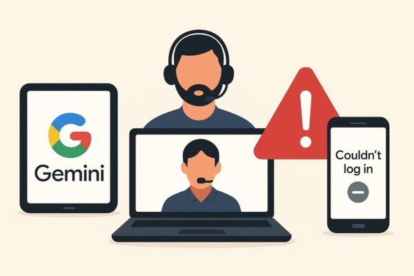 Illustration of the Gemini app logo and a smartphone showing an error screen, symbolizing Gemini login and crash issues.