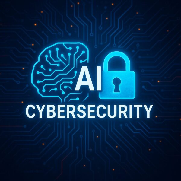 「AIサイバーセキュリティ」を象徴するデジタルイラスト。青く発光する回路状のAI脳アイコンと鍵のシンボル、背景には暗いブルーの基板パターンとバイナリコードが描かれている。