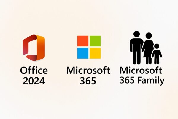 Logos of Microsoft Office 2024, Microsoft 365, and Microsoft 365 Family plans side by side