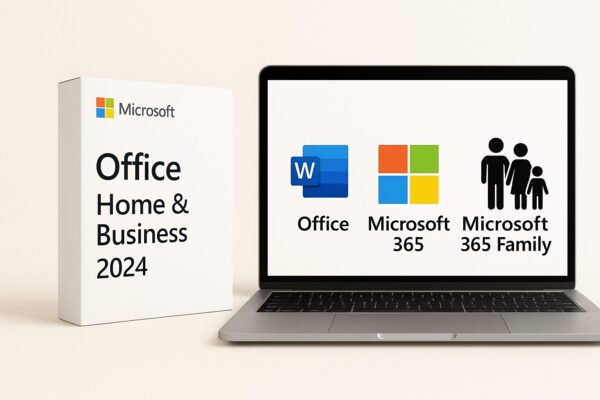 Microsoft Office 2024 Home and Business パッケージとノートPCの画面に表示されたWord・Excel・PowerPointのアイコンを示すイメージ