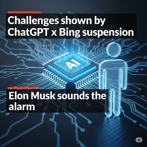 AI’s Promise and Risks: Elon Musk’s Warning and Microsoft’s Bing Pause Explained 1 Eyecatch illustration for an article on AI and population decline, featuring an AI chip and human icons with the text “Elon Musk warns – lessons from paused ChatGPT-Bing integration.