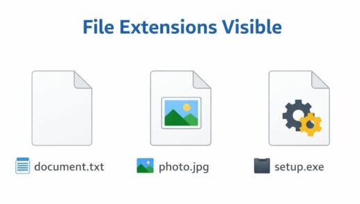 Simple illustration of showing file extensions in Windows 11 File Explorer with examples like .txt, .jpg, and .exe