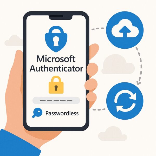 機種変更も安心!Microsoft Authenticatorの移行・バックアップ方法|設定・使い方・トラブル対策まで徹底解説 1 スマートフォンにMicrosoft Authenticatorアプリを表示し、二段階認証やパスワードレス設定を行っているイメージ。バックアップや復元の概念を表現したイラスト。