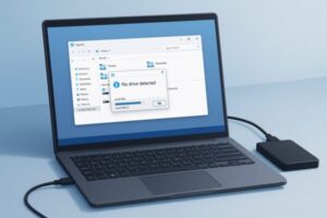 Illustration of an external HDD not recognized on a Windows 11 laptop connected via USB cable.