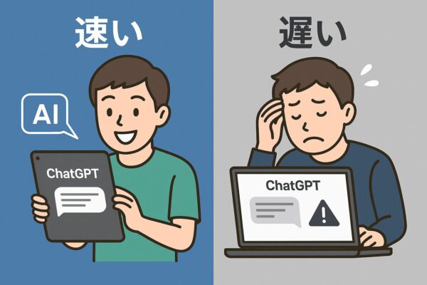「iPadでは快適にChatGPTを使えるが、Windowsでは遅く困っている様子を対比するイラスト」