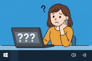 Flat illustration of a Windows taskbar with missing or transparent app icons, showing a confused user in front of the PC, representing the bug where taskbar icons are not visible.