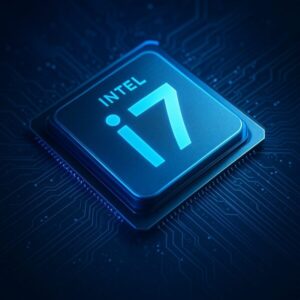 Intel Core i7 プロセッサのクローズアップ。青いデジタル基盤の上で「i7」ロゴが未来的に輝く様子を表現したイメージ。