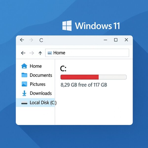 Illustration showing a Windows 11 file explorer with the C drive storage bar turning red due to low disk space, symbolizing capacity shortage and maintenance needs.