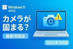 Windows 11でカメラを起動するとアプリがフリーズする不具合を示すイラスト。青い背景にカメラアイコンと砂時計のアイコンが描かれ、システムが応答しない様子を表現している。