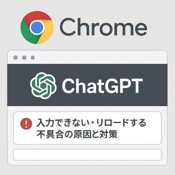 Google ChromeでChatGPTを開いたときに入力が消える・リロードする不具合を示すイメージ画像。ChromeとChatGPTのロゴ、エラーメッセージ風の表示を組み合わせたアイキャッチ。