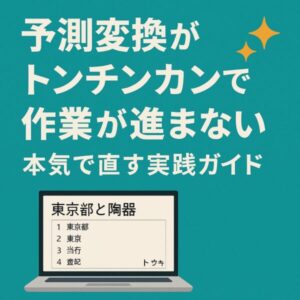 予測変換がトンチンカンで作業が進まない　本気で直す実践ガイド』と書かれたアイキャッチ画像。ノートパソコンの画面に『東京都と陶器』と変換候補が表示され、的外れな予測変換例を示している。背景は青緑色で、Windows関連の記事らしい雰囲気のデザイン