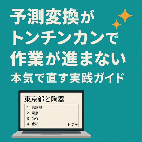 予測変換がトンチンカンで作業が進まない　本気で直す実践ガイド』と書かれたアイキャッチ画像。ノートパソコンの画面に『東京都と陶器』と変換候補が表示され、的外れな予測変換例を示している。背景は青緑色で、Windows関連の記事らしい雰囲気のデザイン