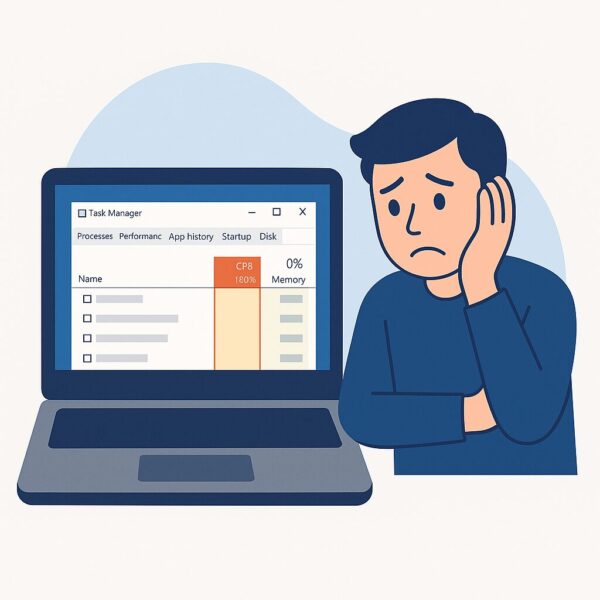 Windows 10/11 Freezes Even with Enough Storage? Fix the 100% CPU Usage Problem 1 Illustration of a Windows 10/11 laptop showing Task Manager with CPU usage at 100%, and a frustrated user facing the frozen PC, representing high CPU usage problems.