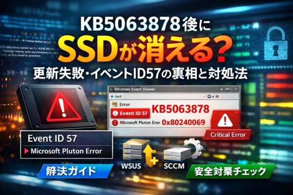 KB5063878後にSSDが消える疑い・更新失敗・イベントID57（Pluton）をテーマにしたアイキャッチ画像。SSD警告アイコンとイベントビューアーのエラー画面、0x80240069、WSUS/SCCMの要素が描かれている
