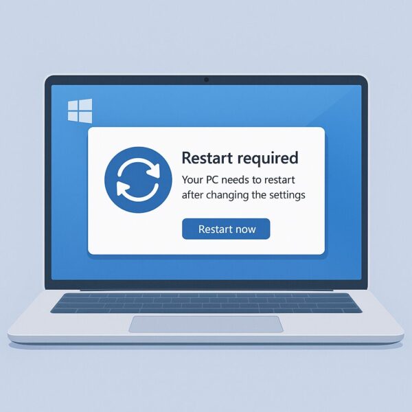 A clean digital illustration of a Windows 11 laptop showing a restart prompt after system settings change, with a power button icon and refresh arrows on a blue background. Beginner-friendly style for a tech tutorial article.