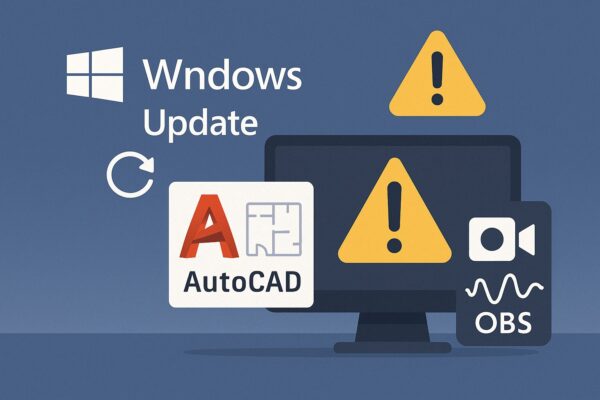 Windows 10 KB5065429適用後にAutoCADとOBSで発生する不具合を示すデジタルイラスト。警告マークとWindows Updateのイメージ。