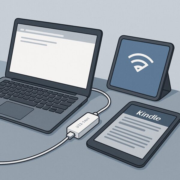 A home workspace with a laptop, iPad, and smartphone connected, showing a stable wired USB-LAN adapter and Kindle app on a tablet, symbolizing reliable internet and productive work.