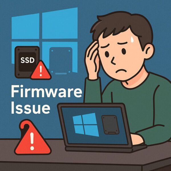 Illustration of an SSD disappearing with a red warning sign, symbolizing the Phison pre-release firmware bug that caused drive recognition failures.