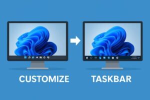 Explorer Patcher for Windows 11を使ってタスクバーをWindows 10風に戻した比較イメージ。青背景にPC画面が表示されている。