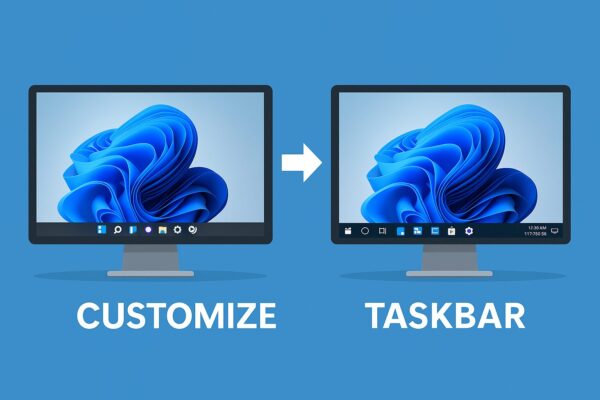 Explorer Patcher for Windows 11を使ってタスクバーをWindows 10風に戻した比較イメージ。青背景にPC画面が表示されている。