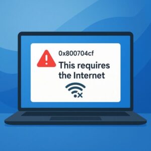 【2025年最新】Windows 11で「0x800704cf」エラーが発生する原因と解決策 1 Illustration of a Windows 11 laptop showing error code 0x800704cf with the message “This requires the Internet” and a Wi-Fi icon with an X mark.